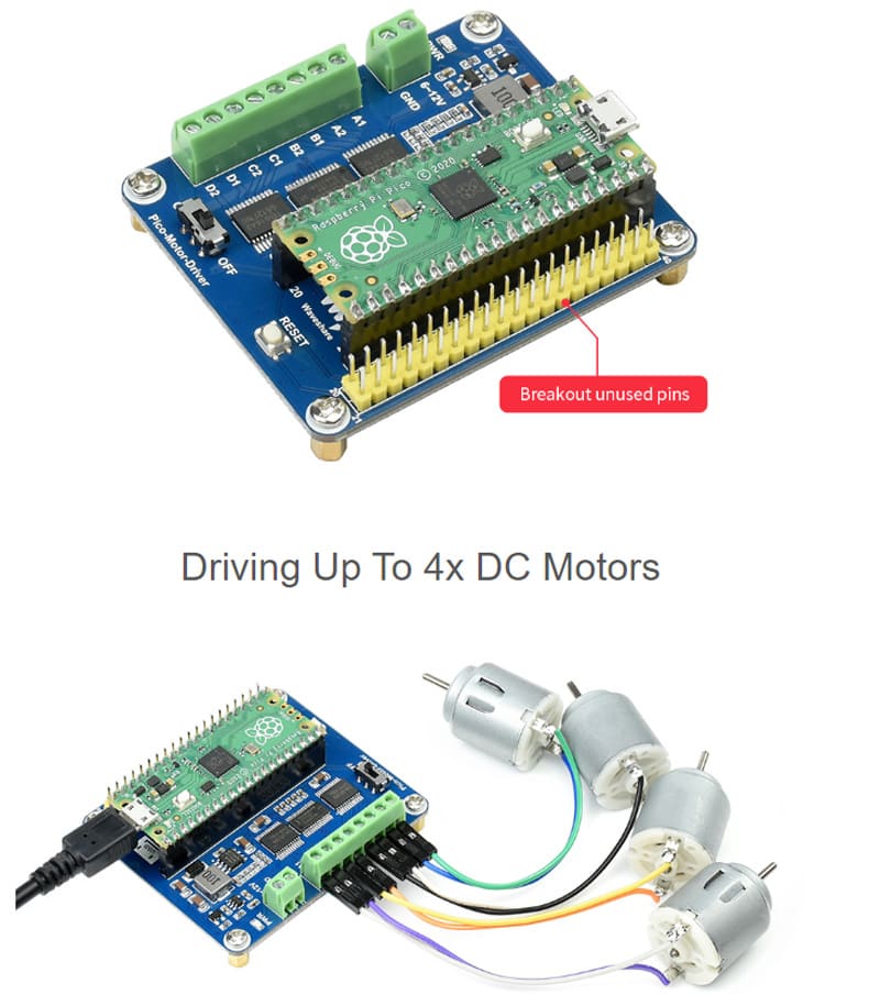 DC Motor Driver Module for Raspberry Pi Pico with Driving up to 4x DC Motors 15 22 4