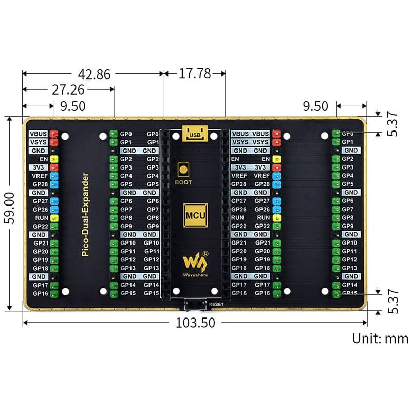 Dual GPIO Expander for Raspberry Pi Pico with Two Sets of Male Headers 15 22 8