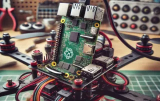 A close-up of Raspberry Pi connected to sensors and motors, sitting on a drone frame