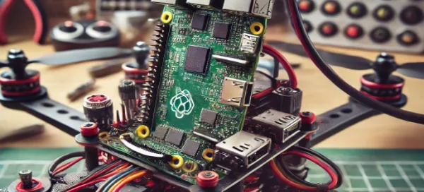A close-up of Raspberry Pi connected to sensors and motors, sitting on a drone frame