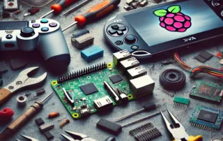 Raspberry Pi and PlayStation Vita on a desk surrounded by modding tools and retro gaming components