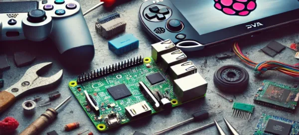 Raspberry Pi and PlayStation Vita on a desk surrounded by modding tools and retro gaming components