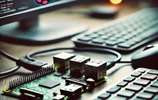 Raspberry Pi connected to a keyboard and mouse