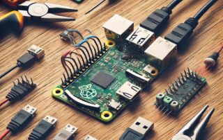 view of a Raspberry Pi Zero W with connected peripherals like a USB cable, WiFi module, and GPIO pins