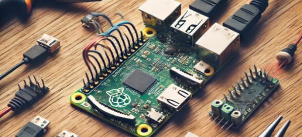 view of a Raspberry Pi Zero W with connected peripherals like a USB cable, WiFi module, and GPIO pins