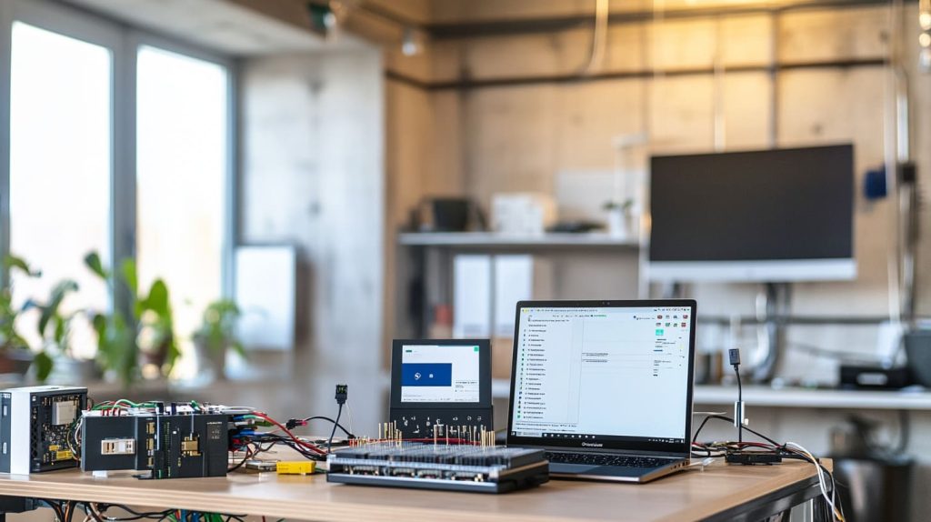 Raspberry Pi setup in a modern home office, connected to a variety of sensors