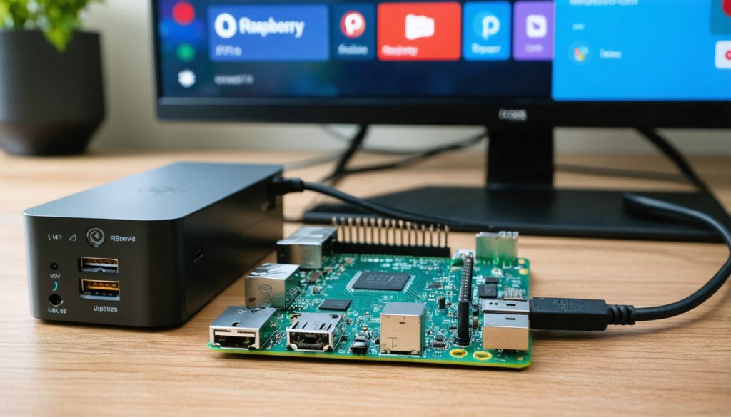 a Raspberry Pi 4, connected to a stable power source with a UPS device beside it