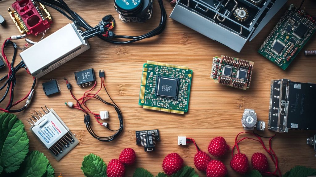 a Raspberry Pi 4 model placed on a wooden desk with a few electronic components 1