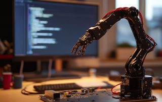 A creative workspace with a Raspberry Pi-powered robotic arm in the foreground