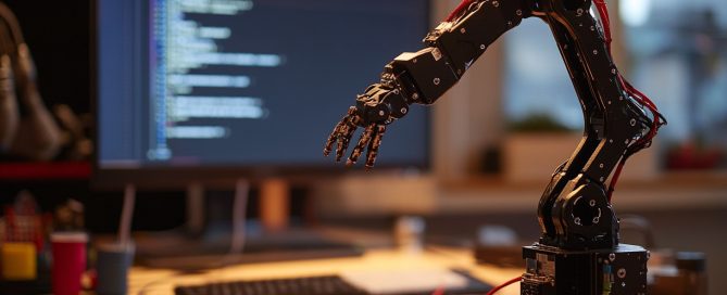 A creative workspace with a Raspberry Pi-powered robotic arm in the foreground