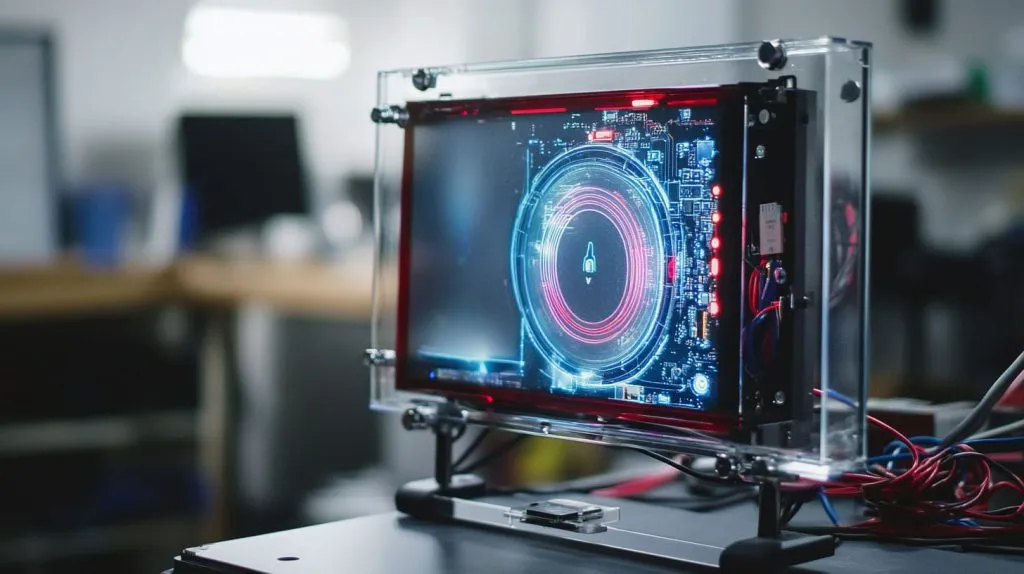 Depict a partially completed magic mirror setup during the testing phase