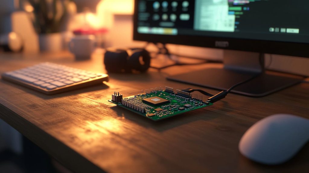 Raspberry Pi 4 setup on a wooden desk-1