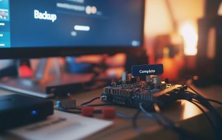 Raspberry Pi setup with an external hard drive and a cloud service interface on a monitor
