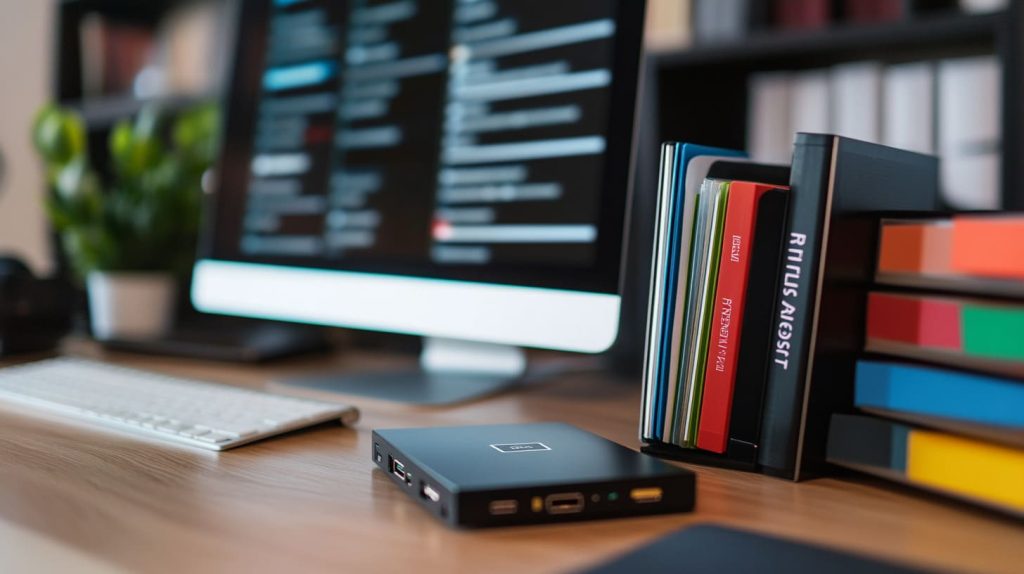 a labeled external hard drive and a Raspberry Pi sitting neatly on a desk