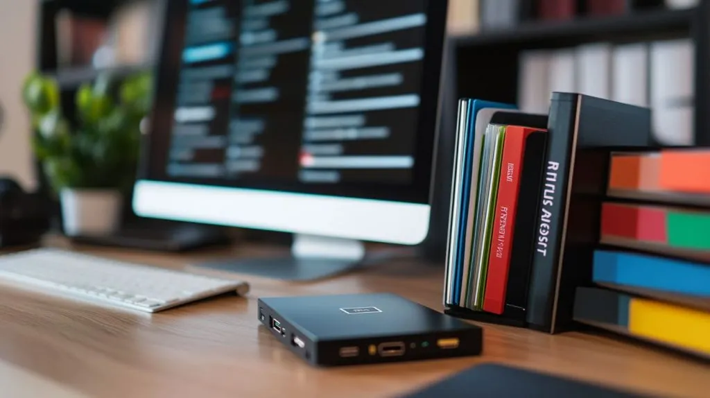 a labeled external hard drive and a Raspberry Pi sitting neatly on a desk