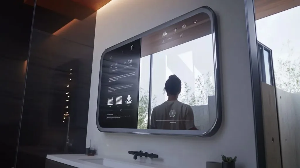 a person interacting with a wall-mounted magic mirror in a smart home