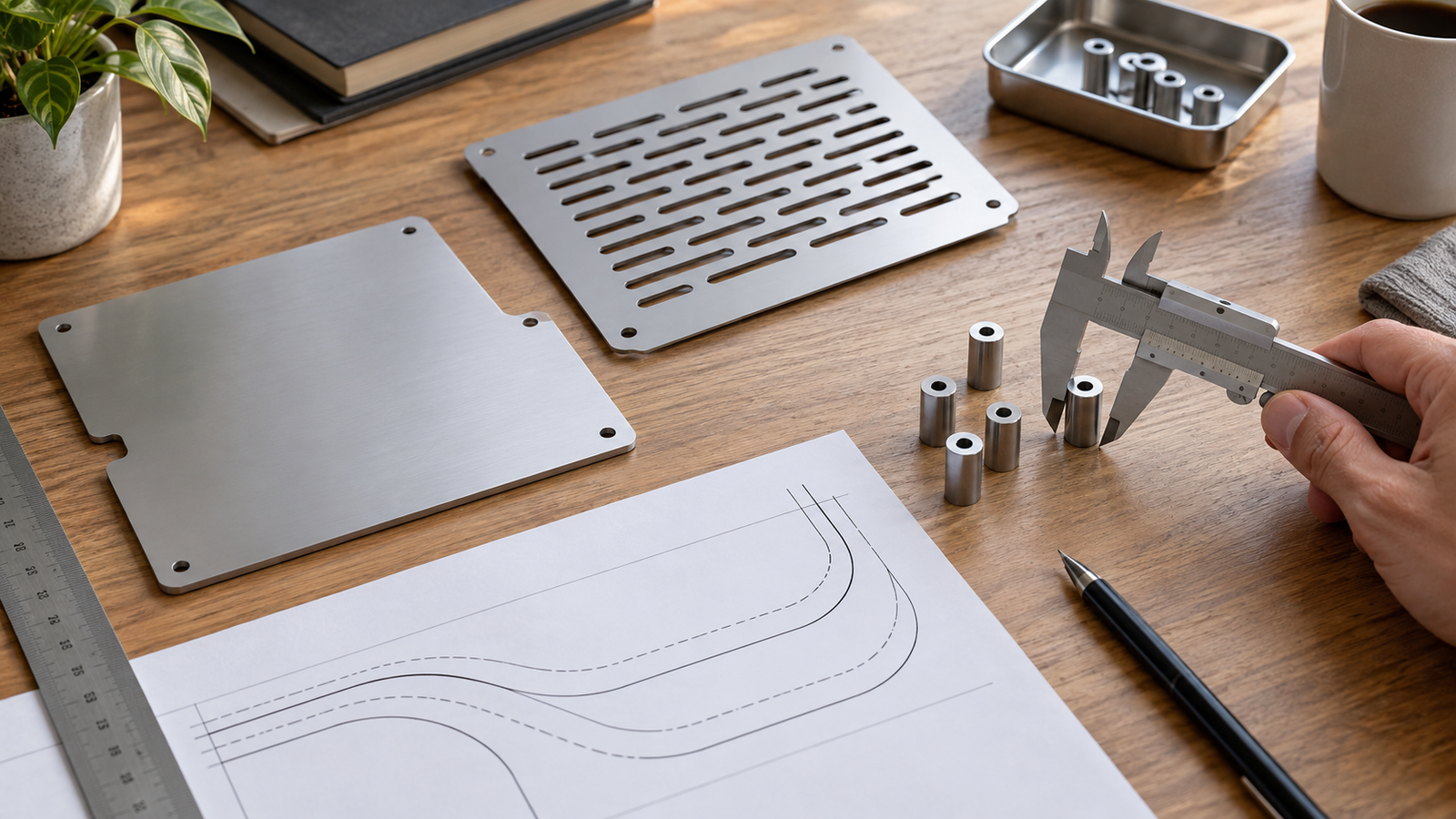 Raspberry Pi 5 Case for NVMe SSD: What to Check Before Buying 4 Top-down editorial workbench scene with calipers measuring stacked spacer height beside an abstract ventilation panel and cable bend-radius guide; no identifiable Raspberry Pi ports, board, or exact case geometry.