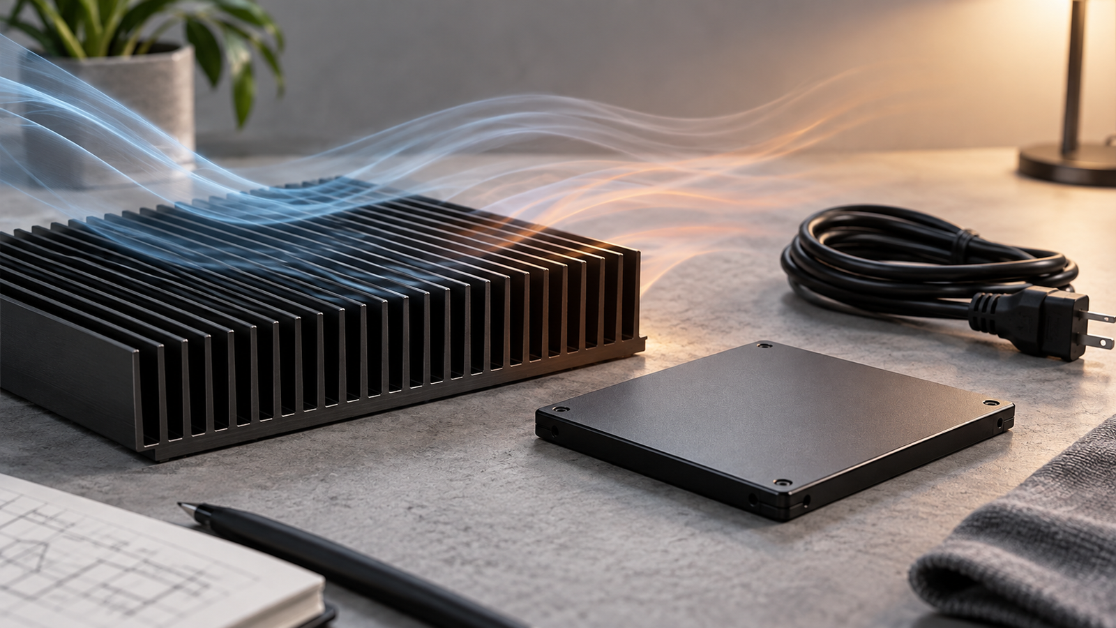 Raspberry Pi 5 Case for NVMe SSD: What to Check Before Buying 5 Abstract thermal-management editorial scene: a quiet workbench with a generic finned heat-spreader texture, airflow ribbons, power cable silhouette, and SSD outline, with no ports or identifiable product geometry.
