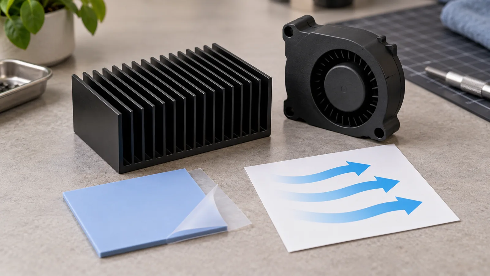 Custom Raspberry Pi 5 Case: What to Prepare Before Requesting a Quote 5 Generic heatsink, small blower fan, and thermal pad arranged for cooling planning