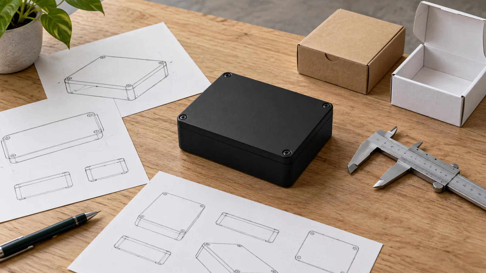 Custom Raspberry Pi 5 Case: What to Prepare Before Requesting a Quote 4 Generic enclosure customization planning scene with seam detail and unbranded sample materials
