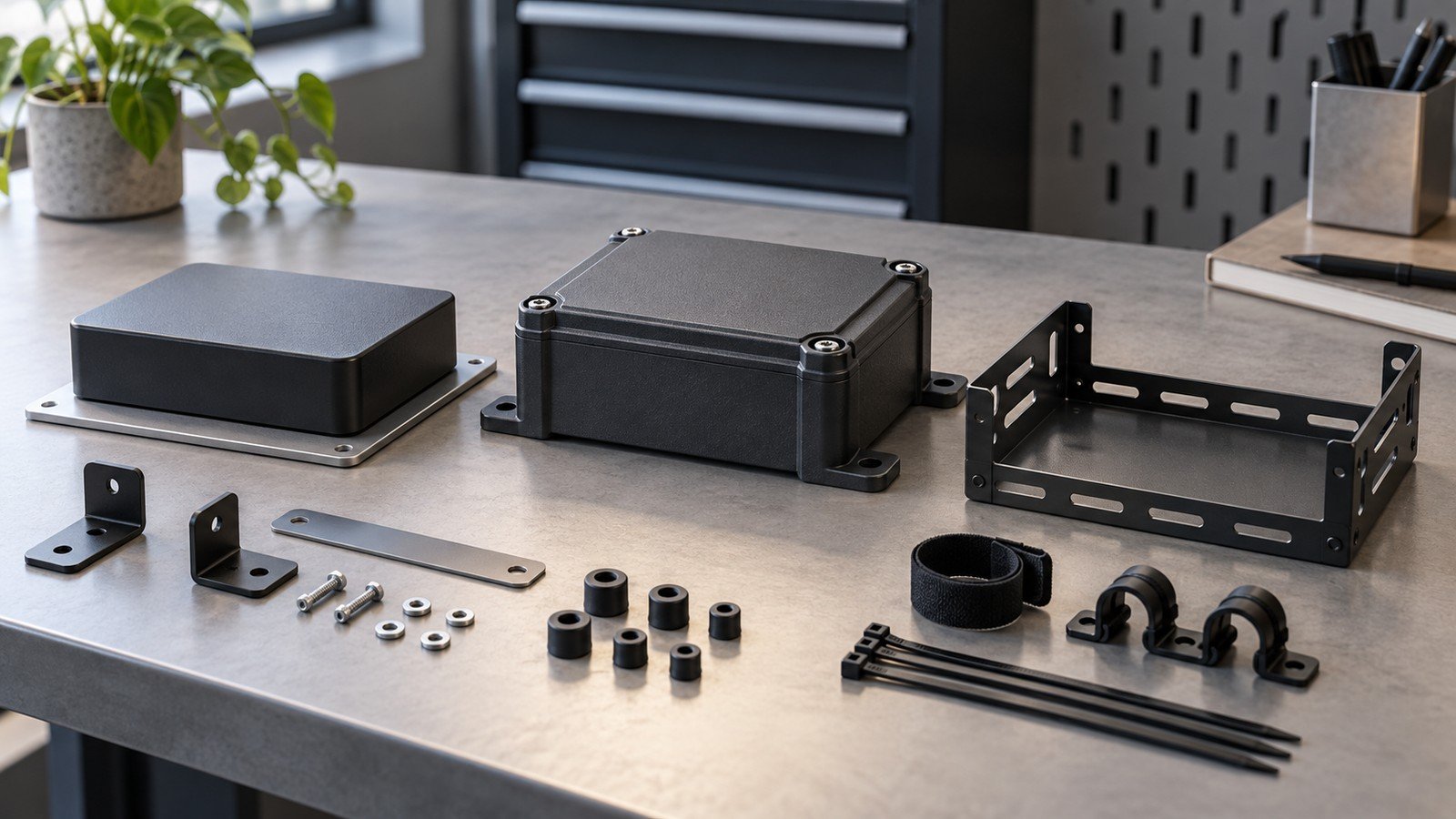 Raspberry Pi 5 Case for Industrial Use: What Buyers Should Check Before Ordering 3 Editorial comparison scene with generic enclosure architecture silhouettes, mounting hardware and cable access planning tools