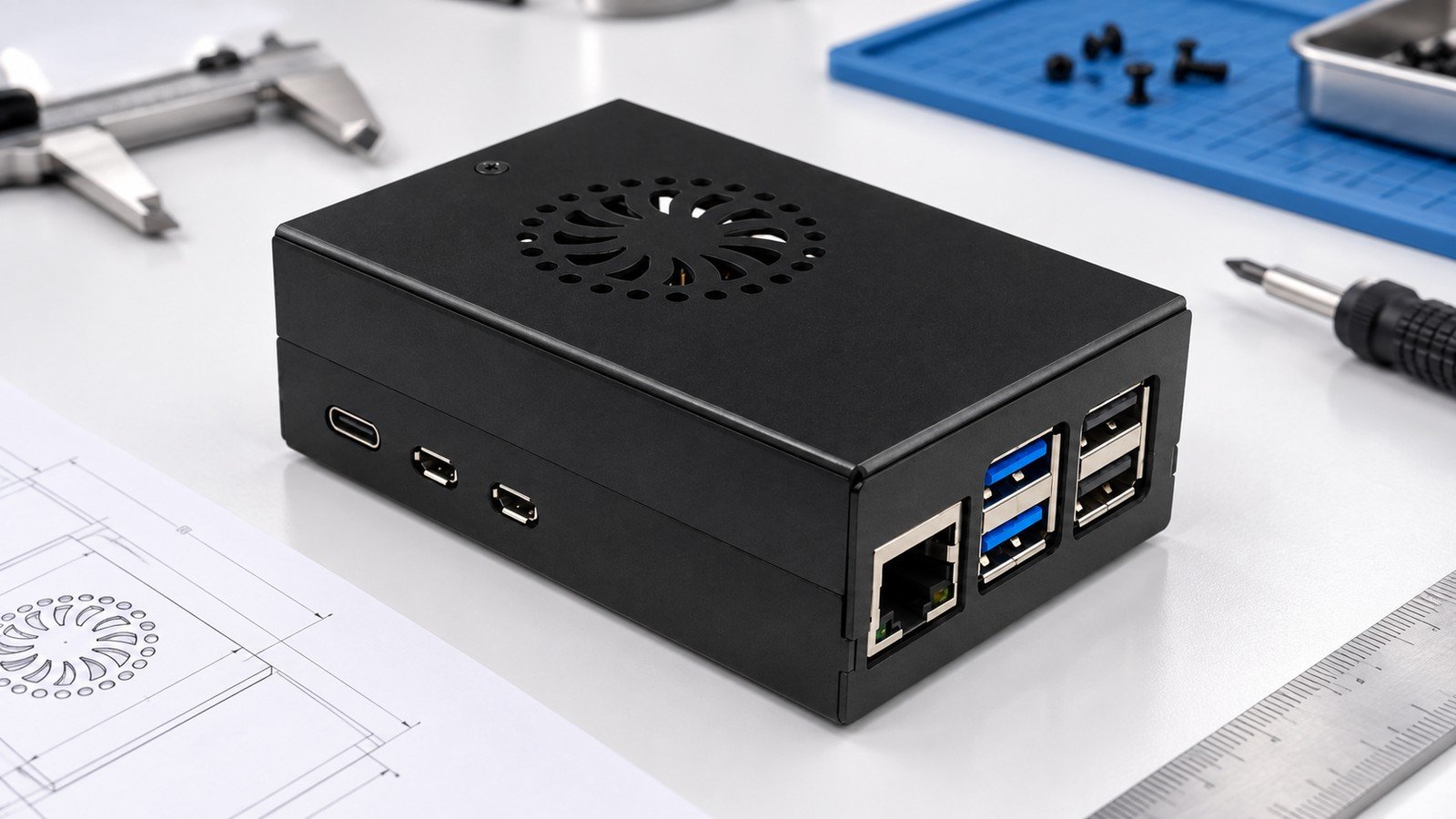 Private Label Raspberry Pi 5 Cases: A Guide for Resellers 3 Neutral electronics assembly review scene with a generic board silhouette, cable-clearance templates and a private-label approval checklist