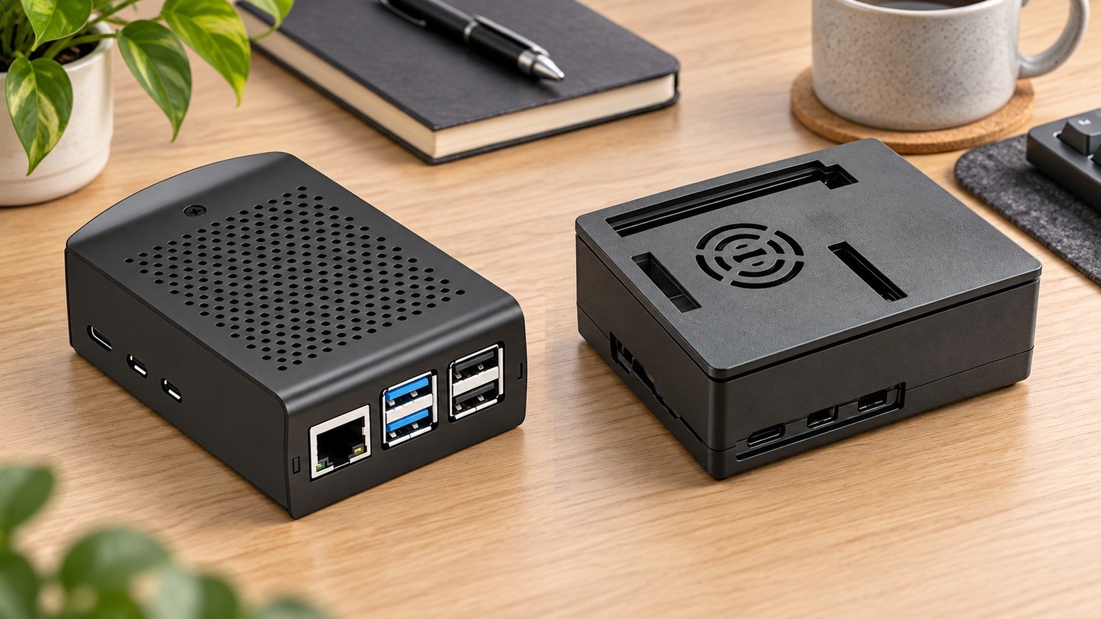 Private Label Raspberry Pi 5 Cases: A Guide for Resellers 4 Professional sourcing table showing anonymous aluminum and ABS material samples, cooling-component placeholders and blank comparison cards