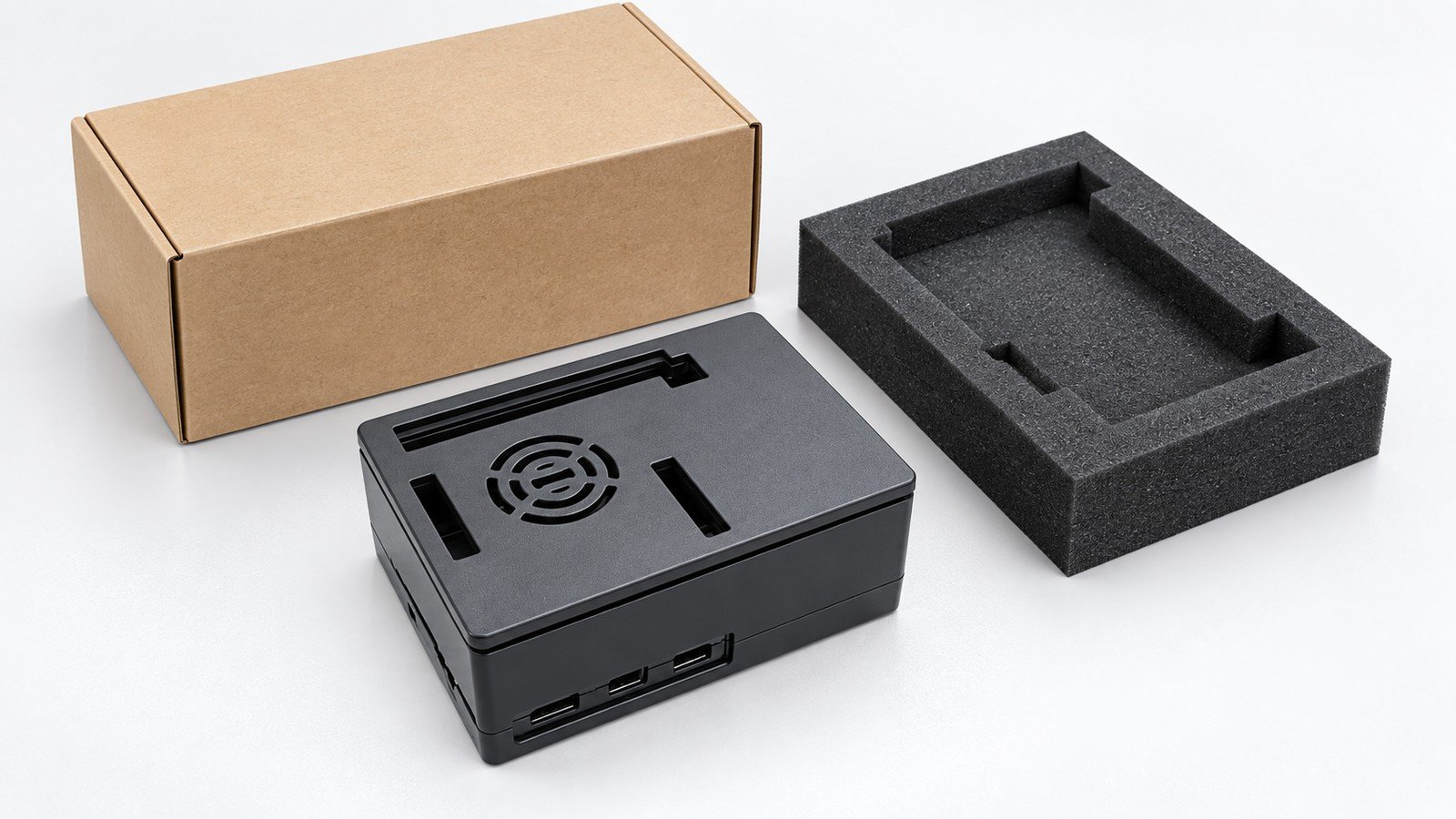 Private Label Raspberry Pi 5 Cases: A Guide for Resellers 6 Unbranded retail-carton approval scene with blank box, foam insert, barcode placeholder card and packaging checklist