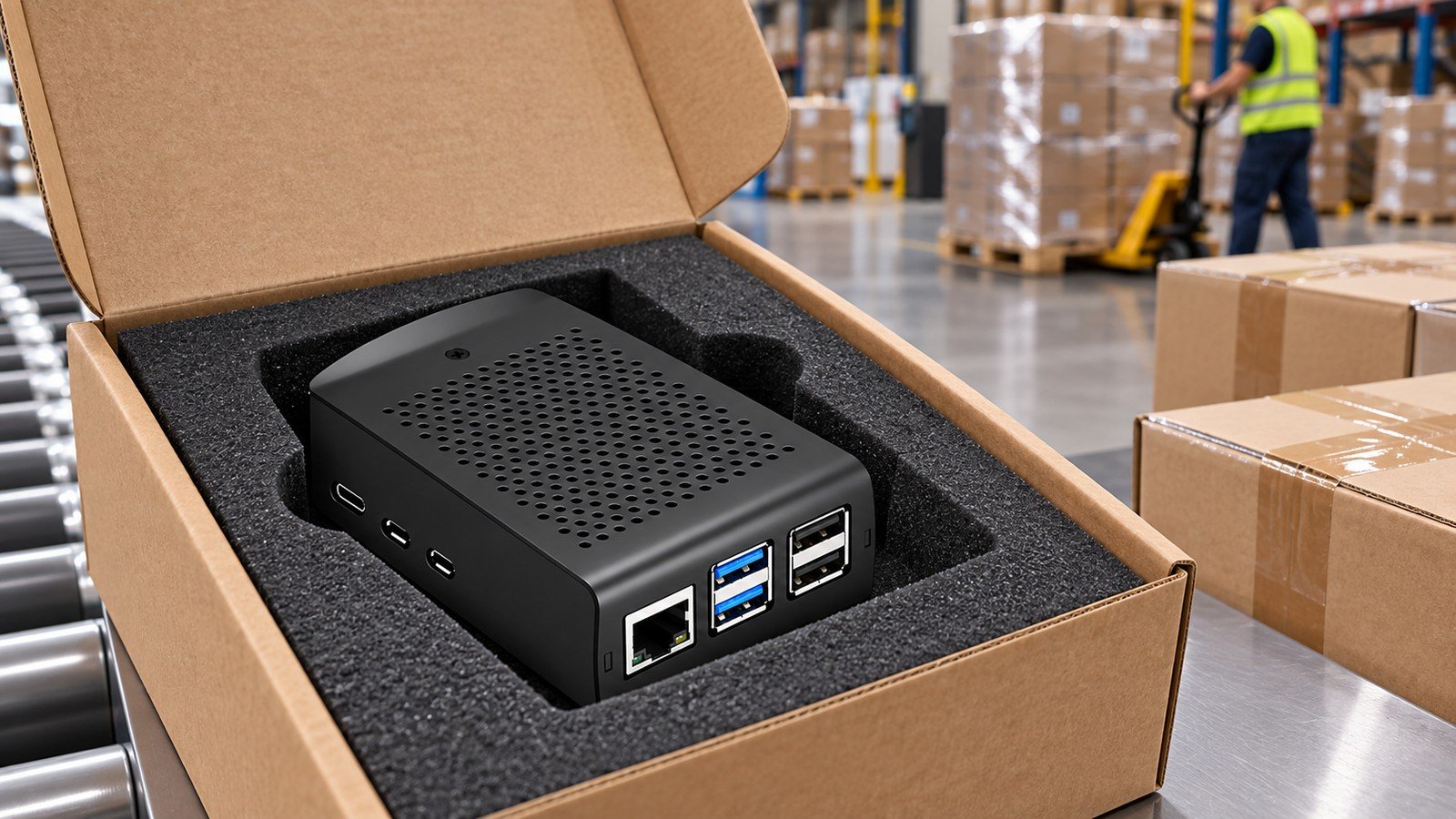 Private Label Raspberry Pi 5 Cases: A Guide for Resellers 7 Clean warehouse receiving station with plain cartons, blank separator labels, configuration cards and a quality-control clipboard
