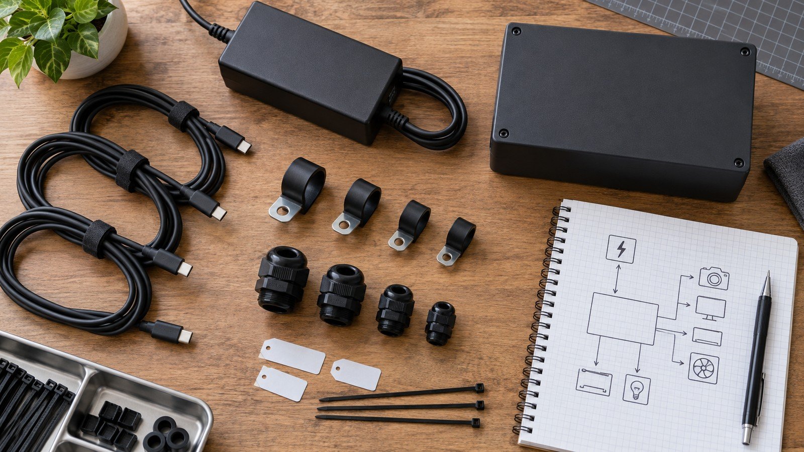 Raspberry Pi 5 Case for Industrial Use: What Buyers Should Check Before Ordering 5 Editorial power and cable retention planning scene with generic USB-C lead, cable clips, caliper and unbranded hardware tray