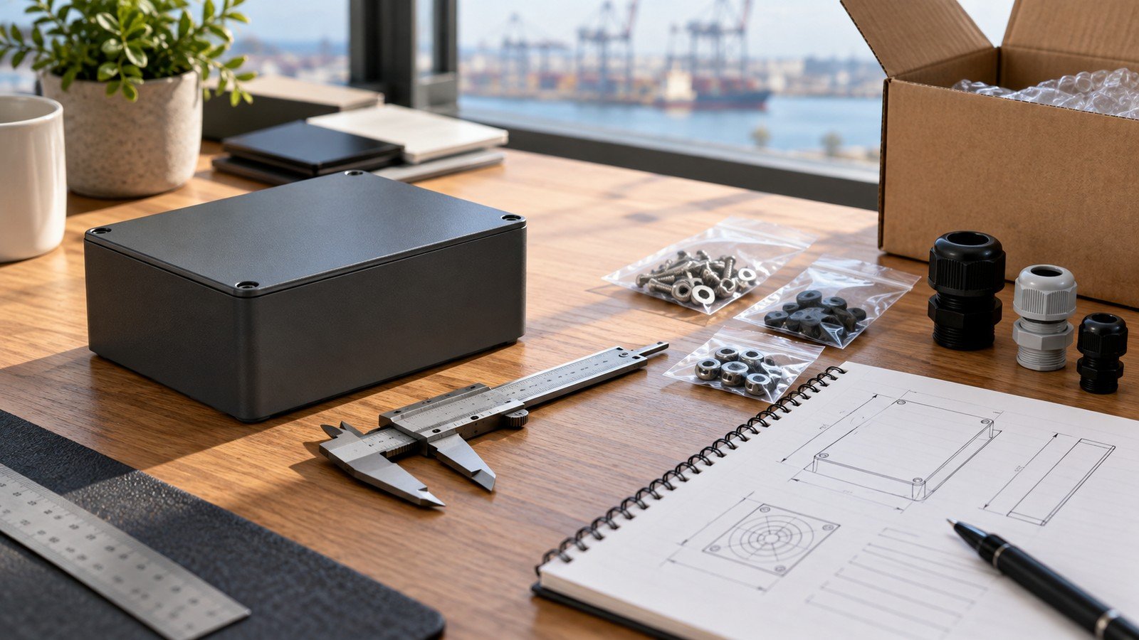 Raspberry Pi 5 Case for Industrial Use: What Buyers Should Check Before Ordering 7 Editorial sourcing desk scene with generic enclosure planning sheet, caliper, packing divider and fastener kit