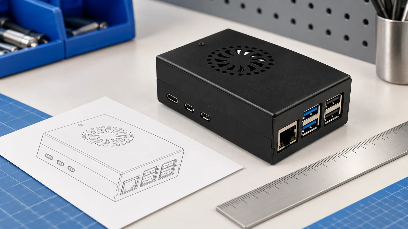 Custom Raspberry Pi 5 Case: What to Prepare Before Requesting a Quote 3 Reference-controlled black aluminum Raspberry Pi 5 case on an engineering review bench