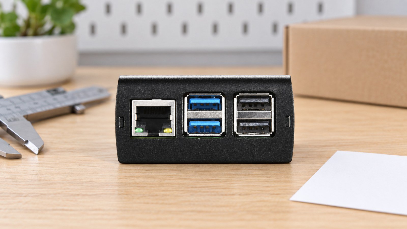 Raspberry Pi 5 Case for Retail Kits: What Resellers Should Check Before Branding and Stocking 3 Raspberry Pi 5 black aluminum case with verified USB and Ethernet side visible on a neutral fit-review workbench