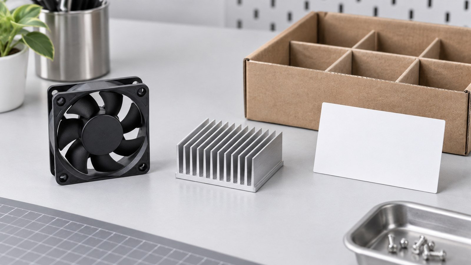 Raspberry Pi 5 Case for Retail Kits: What Resellers Should Check Before Branding and Stocking 4 Generic retail-kit cooling planning scene with a finned thermal form, an unbranded fan and blank configuration card