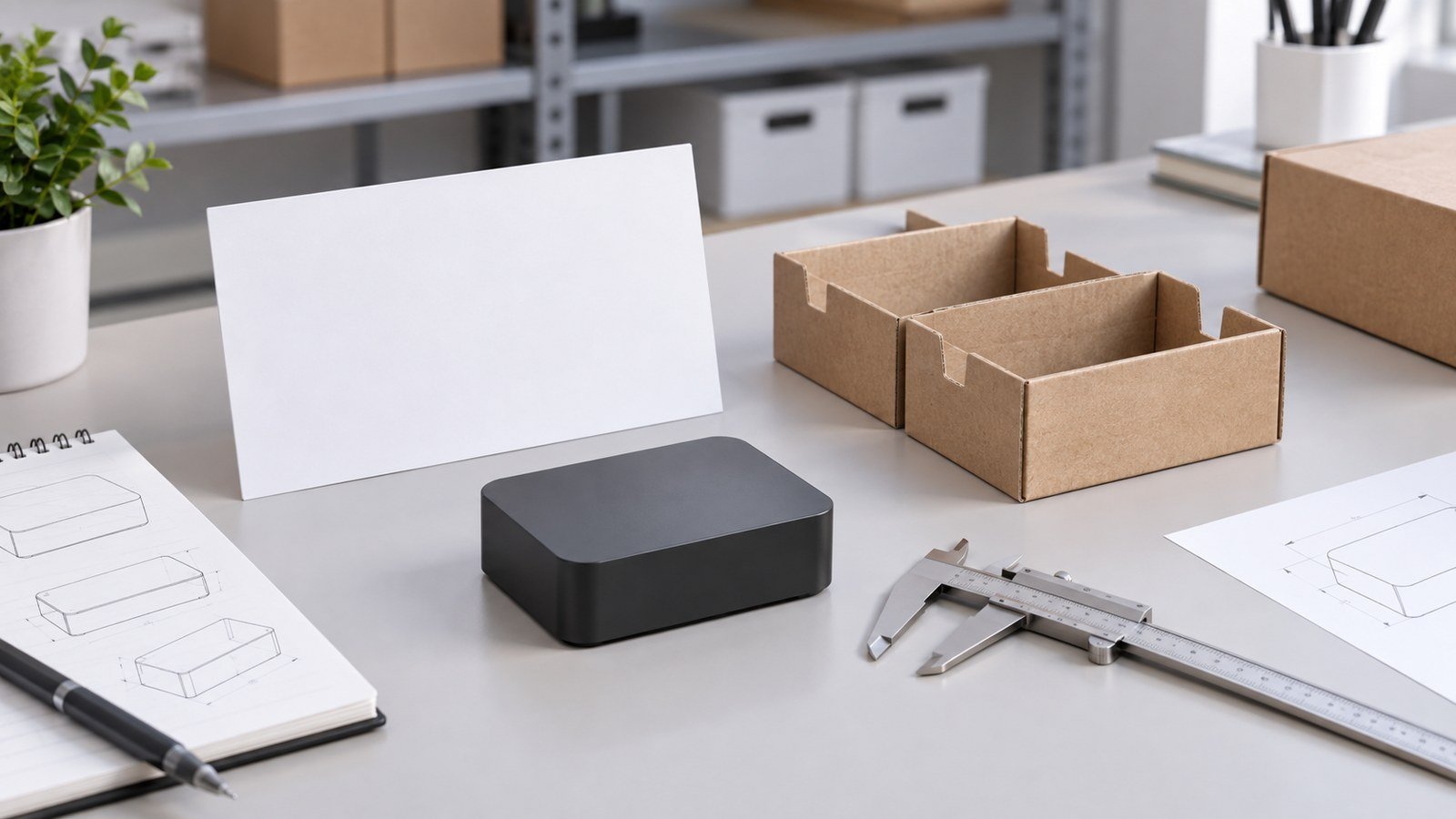 Raspberry Pi 5 Case for Retail Kits: What Resellers Should Check Before Branding and Stocking 7 Unbranded retail-kit fit-confirmation workbench with blank specification card, packing divider and generic case silhouette