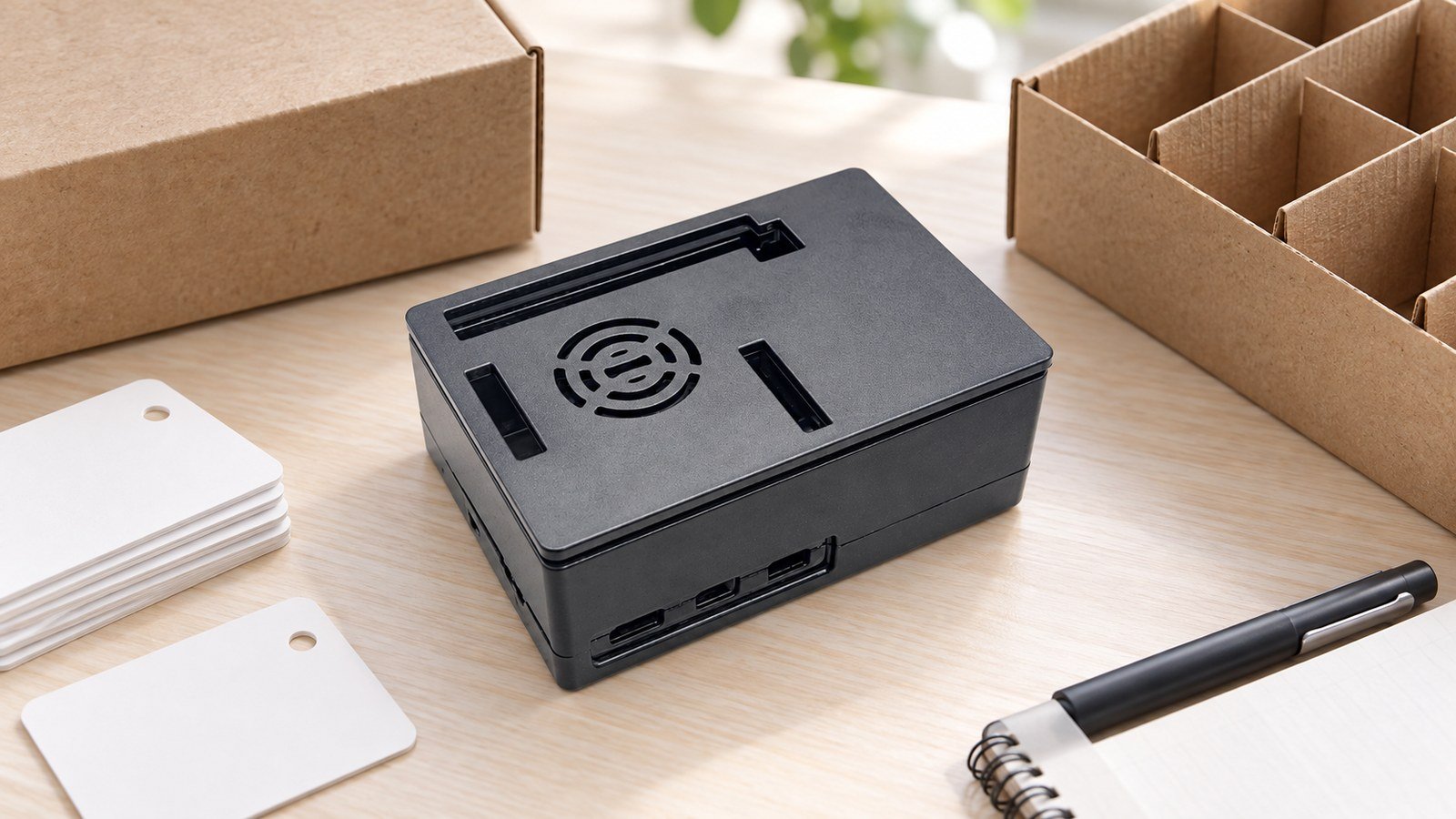 Raspberry Pi 5 Case for Retail Kits: What Resellers Should Check Before Branding and Stocking 2 Raspberry Pi 5 black plastic case in a neutral retail-kit planning scene with blank SKU cards and unbranded packing dividers