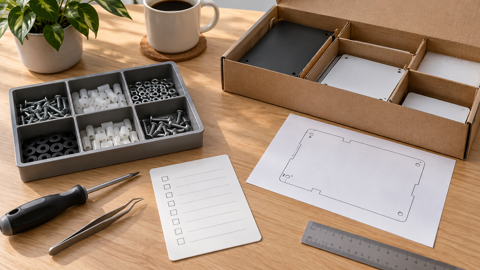 Raspberry Pi 5 Case for NVMe SSD: What to Check Before Buying 6 Editorial scene of a blank service checklist beside generic mounting spacers, a removable-panel outline, and neatly arranged fasteners; no branded board, ports, or specific case visible.