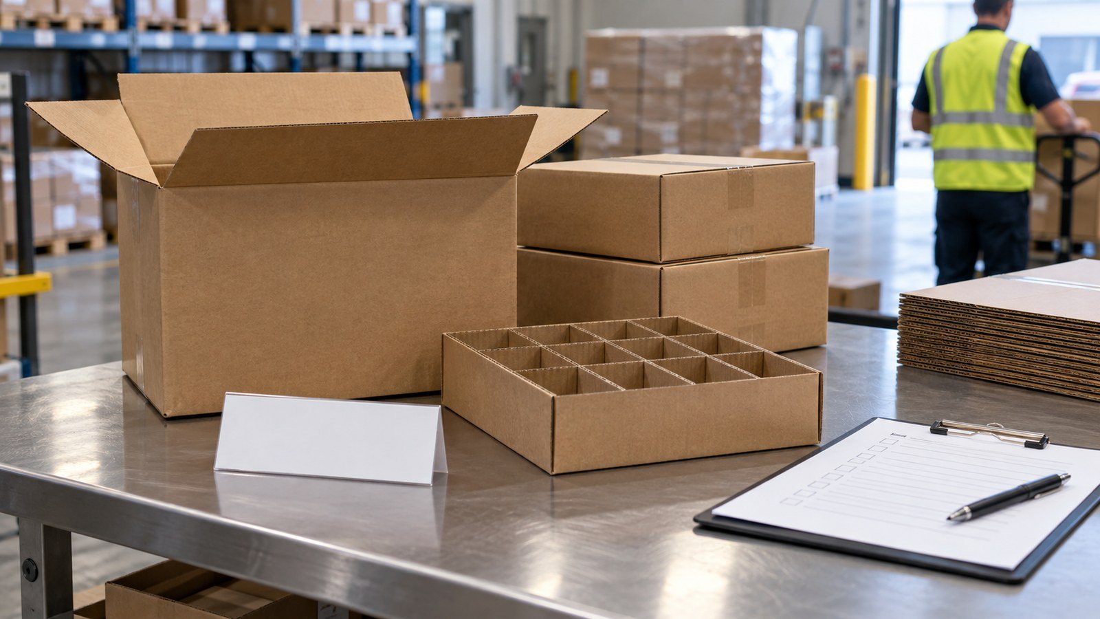 Raspberry Pi 5 Case for Retail Kits: What Resellers Should Check Before Branding and Stocking 6 Neutral warehouse receiving table with unbranded cartons, packing dividers, blank label areas and a checklist clipboard
