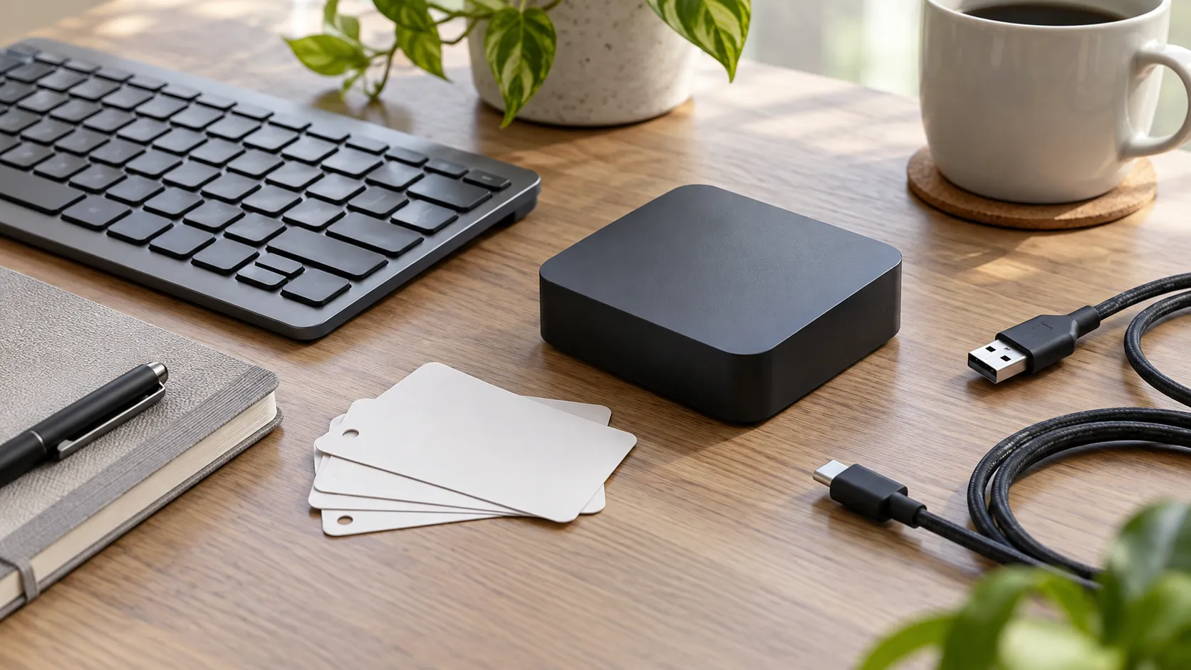 Raspberry Pi 5 Case for Desktop Use: Metal, Plastic or Fan-Cooled? 3 Generic desktop cable-planning scene with blank cable tags and an unidentifiable enclosure silhouette