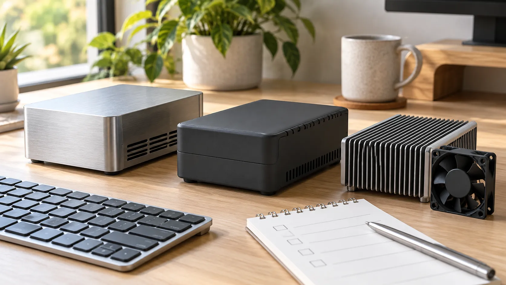 Raspberry Pi 5 Case for Desktop Use: Metal, Plastic or Fan-Cooled? 2 Neutral desktop planning scene with generic material and cooling concepts, keyboard and blank checklist