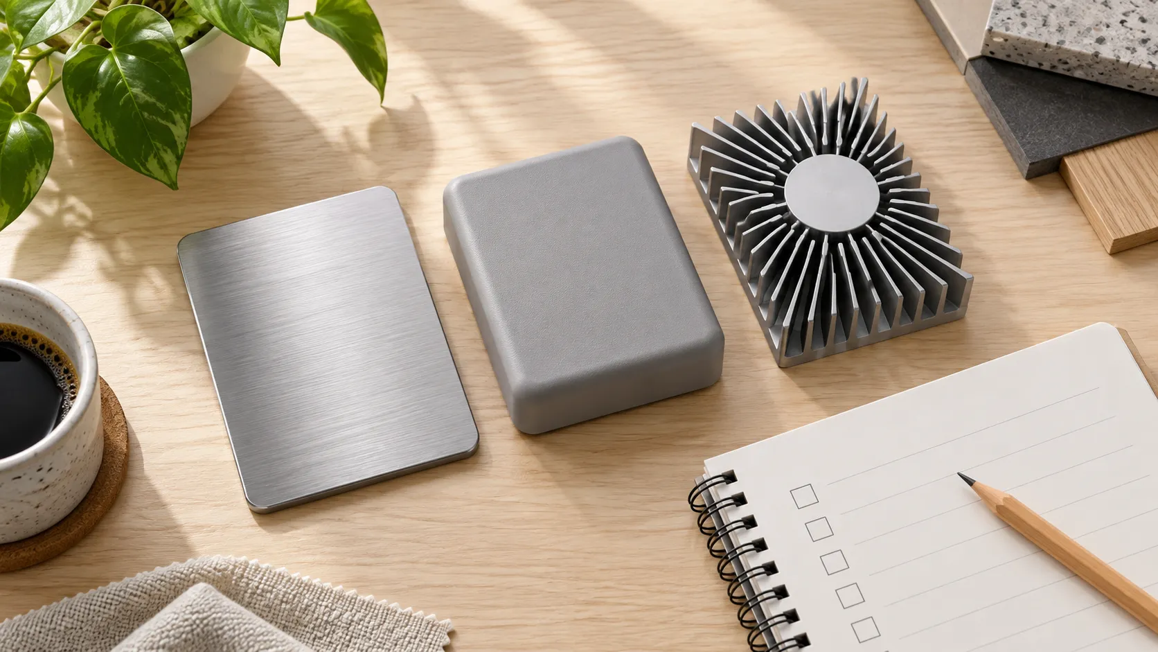 Raspberry Pi 5 Case for Desktop Use: Metal, Plastic or Fan-Cooled? 8 Professional desktop case-selection checklist beside three generic material and cooling swatches, with no brand marks or hardware ports