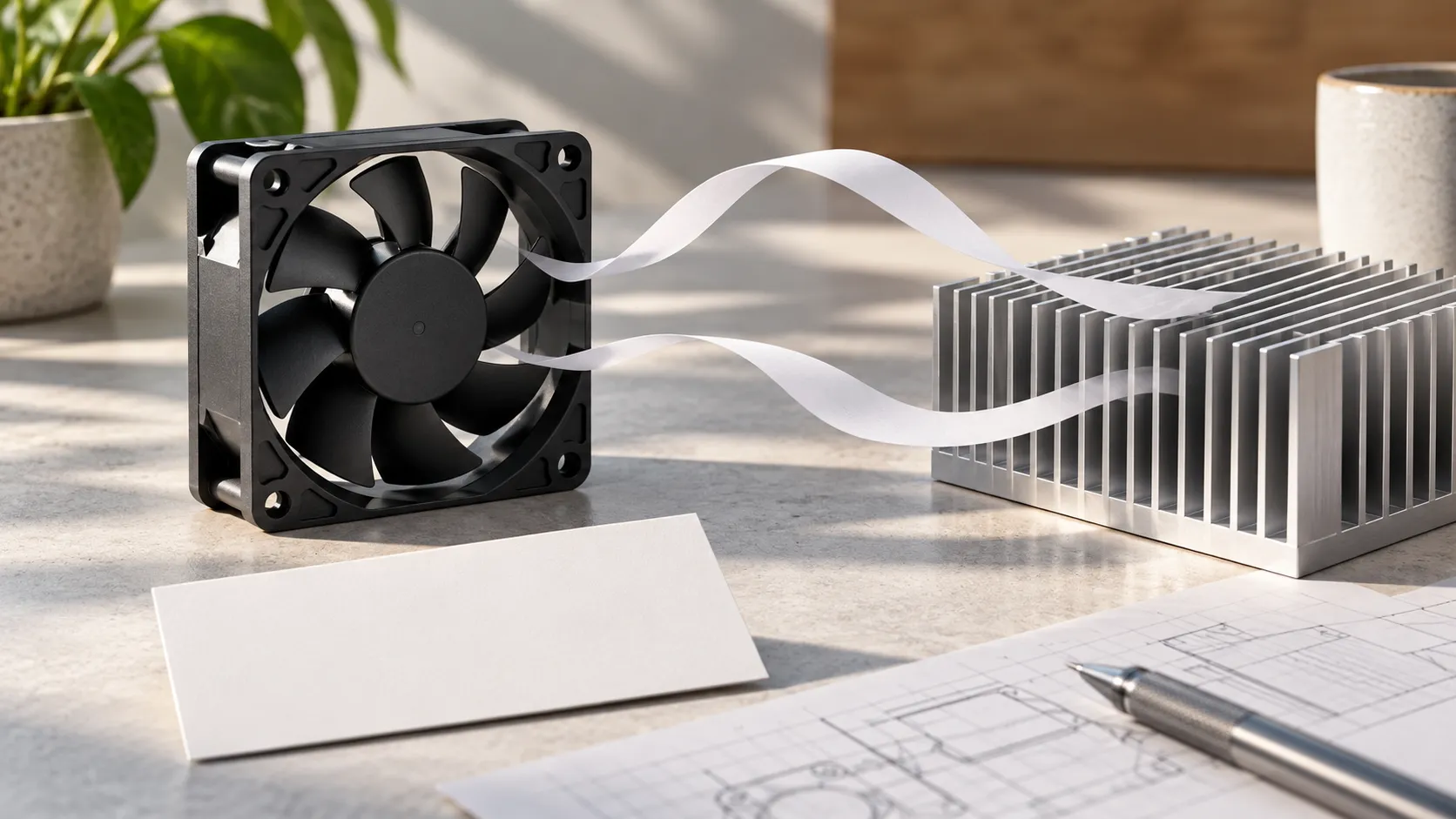 Raspberry Pi 5 Case for Desktop Use: Metal, Plastic or Fan-Cooled? 6 Generic active-cooling concept with a small fan, metal fin texture and desktop planning card, without identifiable board ports
