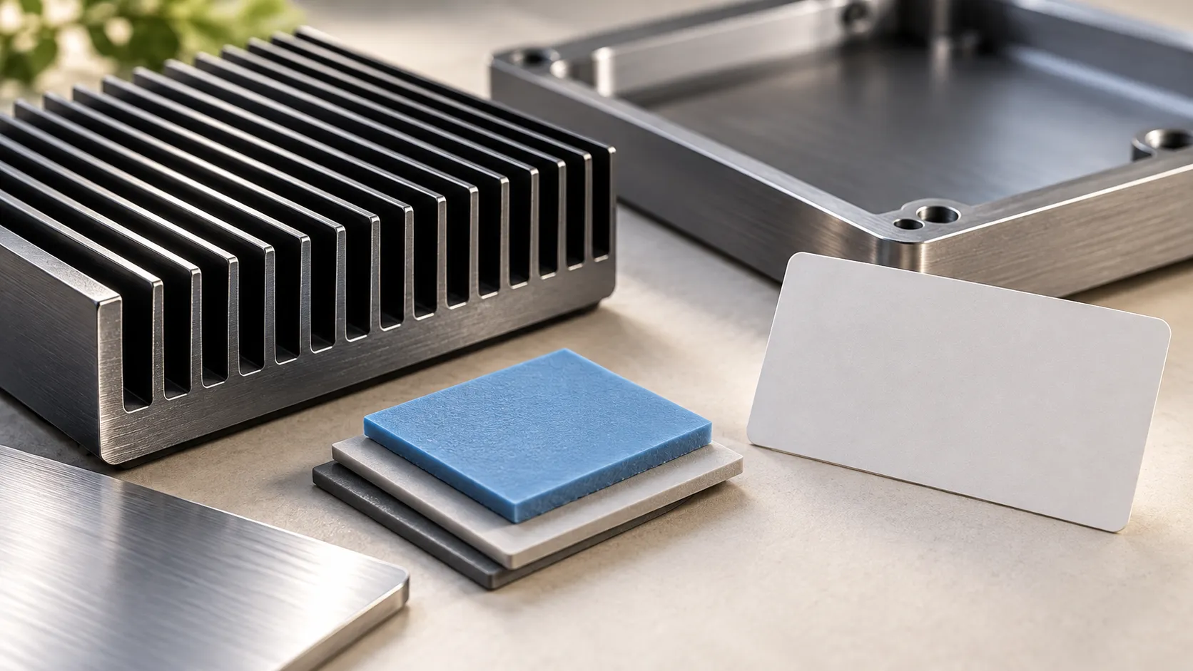Raspberry Pi 5 Case for Desktop Use: Metal, Plastic or Fan-Cooled? 4 Photorealistic close-up of anodized metal enclosure material and cooling-fin texture, with no visible ports