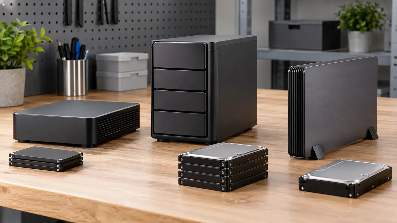 Raspberry Pi 5 Case for NAS Builds: What to Check Before Assembly 4 Generic comparison scene showing three unbranded port-hidden small-server enclosure architectures with separate external storage and stacked storage concept models
