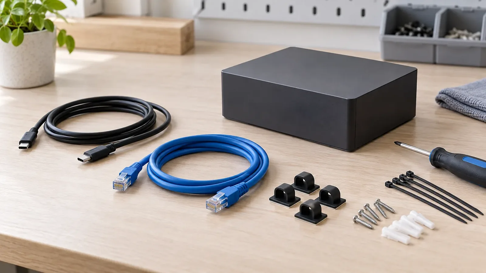 Raspberry Pi 5 Case for NAS Builds: What to Check Before Assembly 7 Generic cable and service planning bench with loose USB-C and Ethernet cables, cable clips, fasteners and a port-hidden unbranded enclosure silhouette