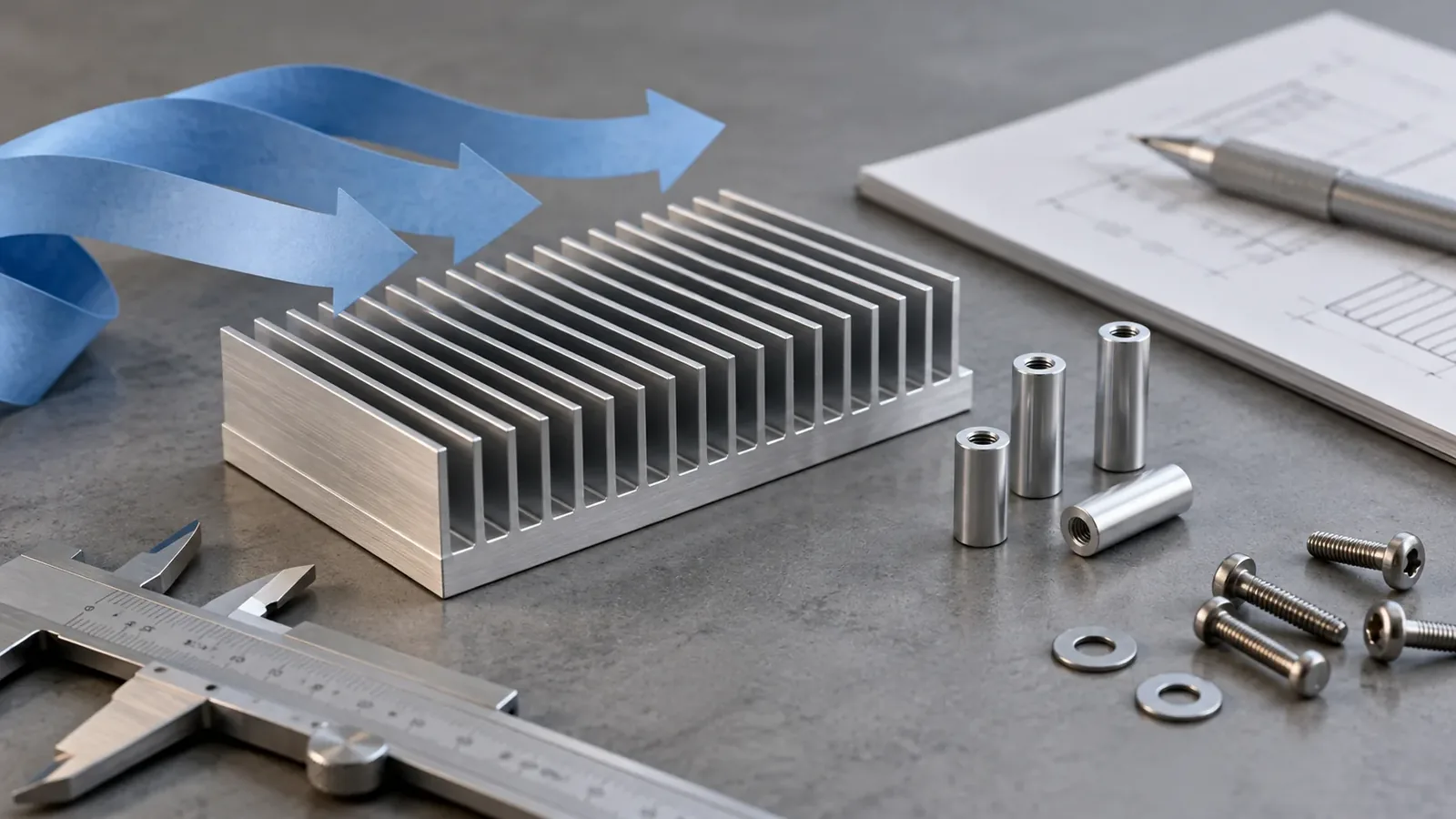 Raspberry Pi 5 Case for NAS Builds: What to Check Before Assembly 6 Generic cooling-clearance planning scene with an unbranded finned heat-spreader texture, measured vertical spacers, airflow props and no identifiable Raspberry Pi interfaces