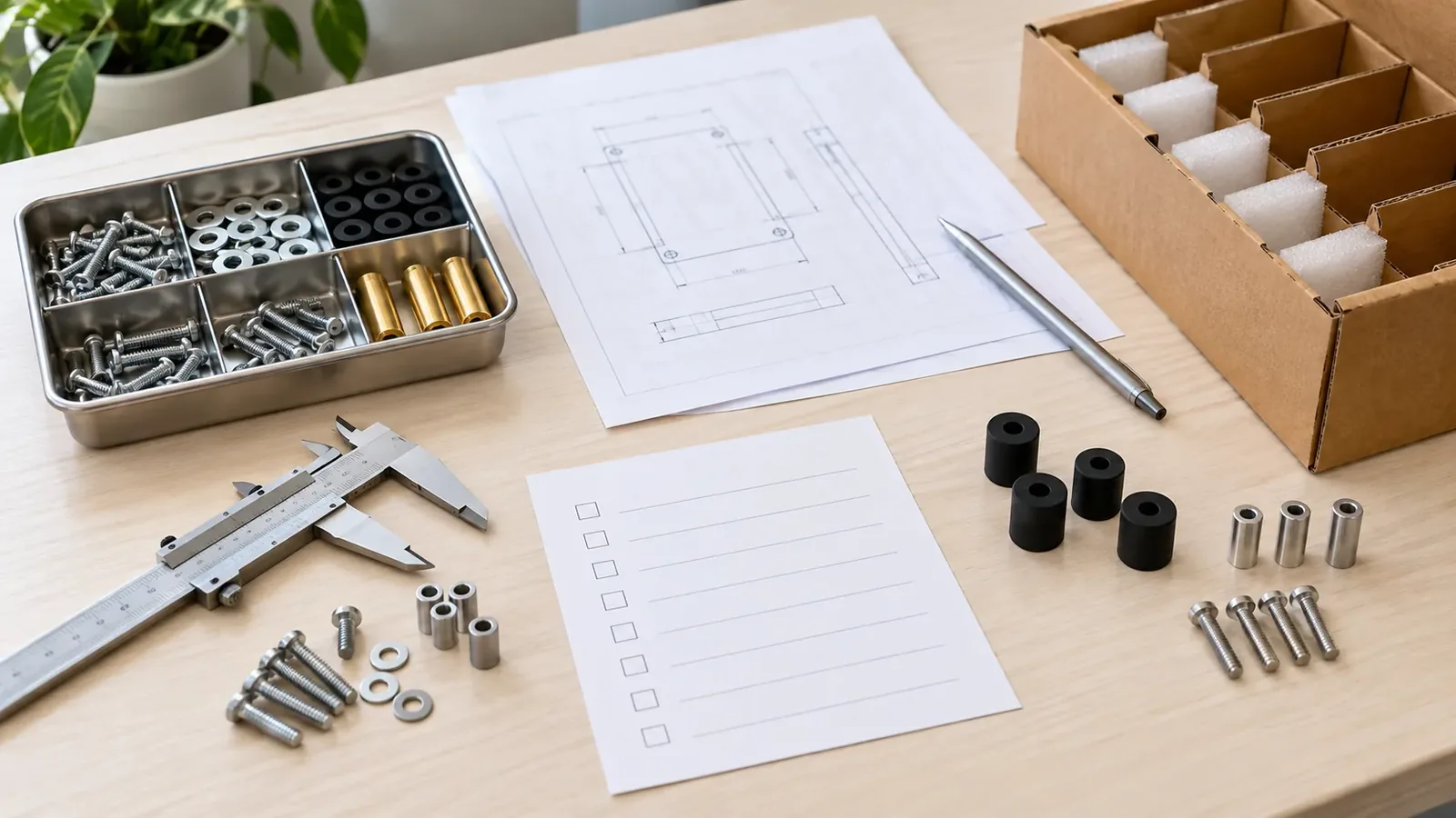 Raspberry Pi 5 Case for NAS Builds: What to Check Before Assembly 8 Generic procurement fit-brief workspace with a blank checklist card, labeled-free hardware tray, caliper and packaging divider; no logos or identifiable port layout