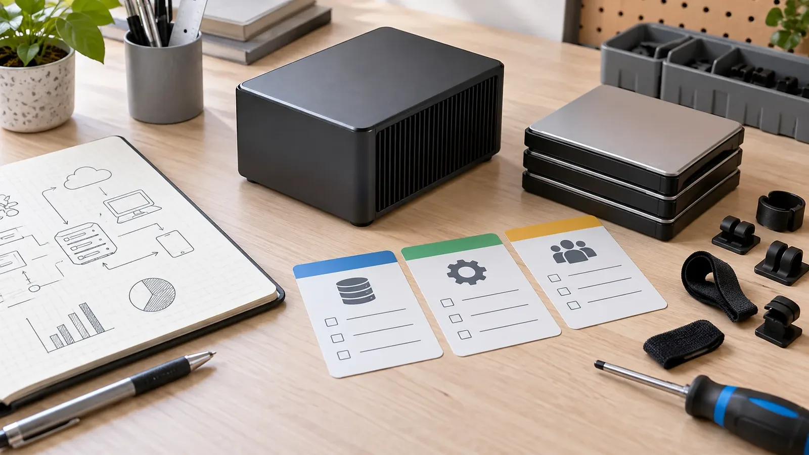 Raspberry Pi 5 Case for NAS Builds: What to Check Before Assembly 3 Generic NAS workload planning scene with a port-hidden enclosure silhouette, service notes, storage icon shapes and cable-management pieces