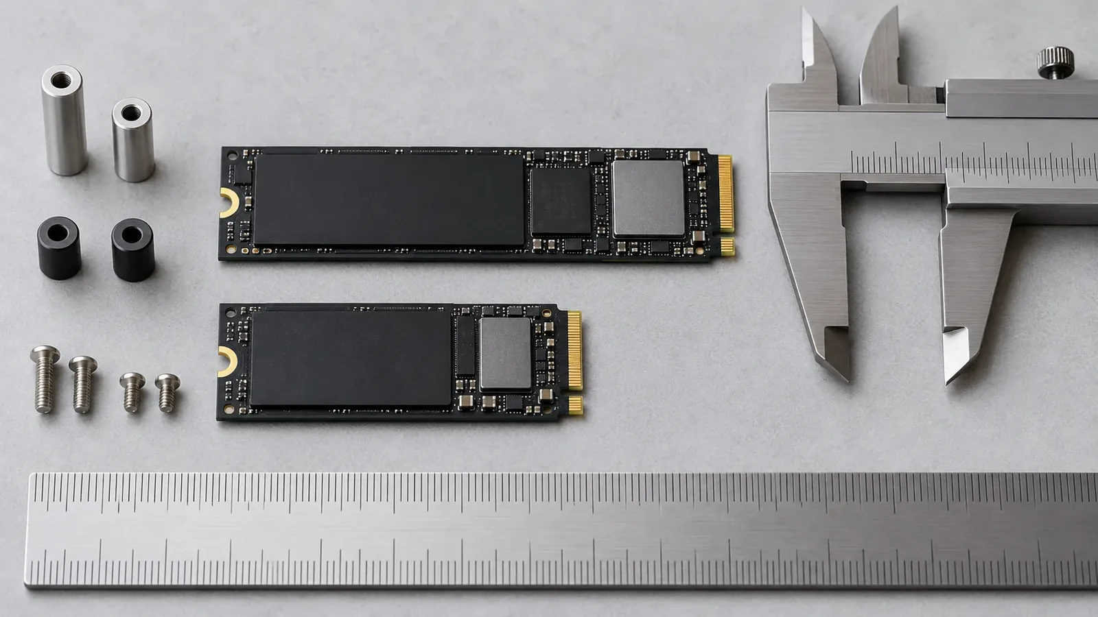 Raspberry Pi 5 Case for NAS Builds: What to Check Before Assembly 5 Generic M-key solid-state storage form-factor checking workbench with caliper, spacers, ruler marks and no identifiable Raspberry Pi or connector layout