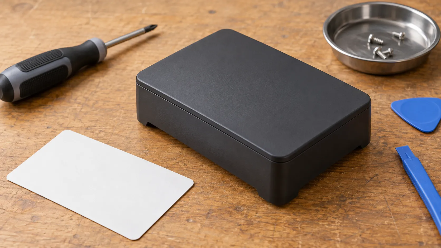Raspberry Pi 5 Case for Desktop Use: Metal, Plastic or Fan-Cooled? 5 Neutral workbench scene showing generic molded plastic enclosure material, removable-cover concept and small service tools without visible electronics ports
